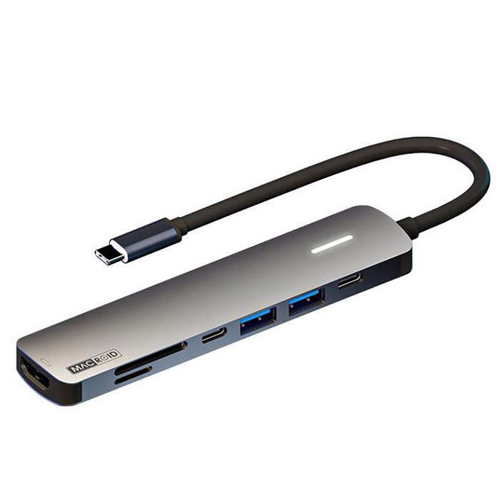 맥로이드 7포트 4K 100W 맥북 삼성 LG HDTV 멀티 허브 어댑터 HDMI TF SD C타입 USB3.0, 그레이