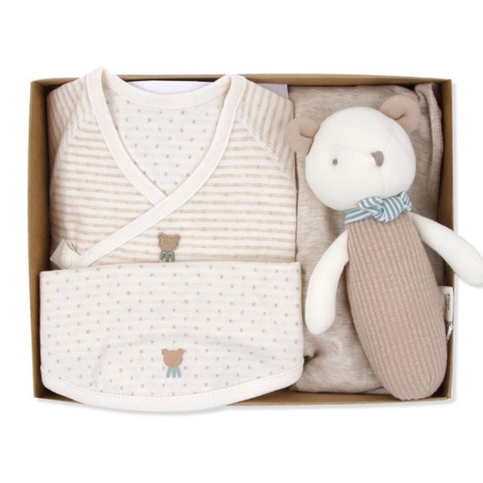 오가닉맘   임신 출산선물  22FW브로니 배내저고리턱받이스카프딸랑이 출산3종세트