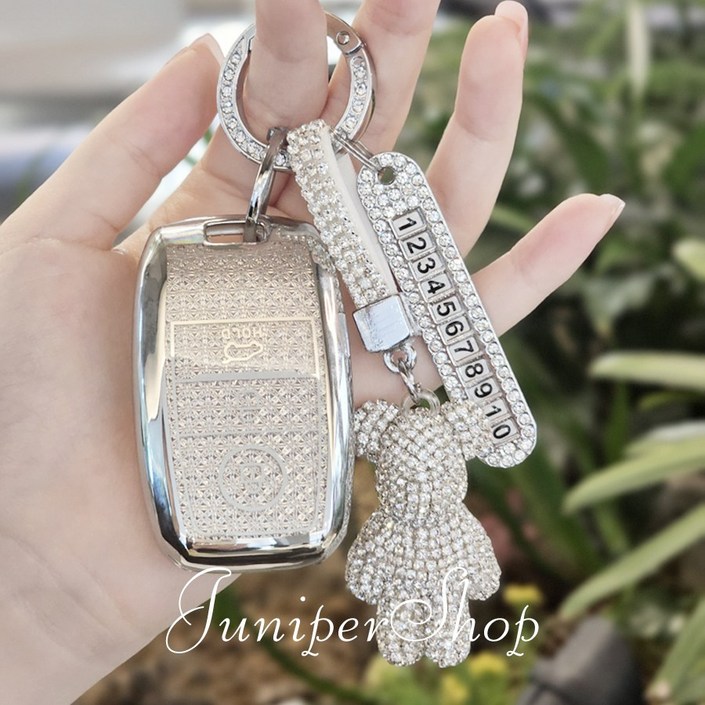 [주니퍼샵] 현대 럭셔리 블링 크리스탈 베어 자동차 스마트 폴딩 TPU 보호 키 케이스 풀커버 키링 키홀더