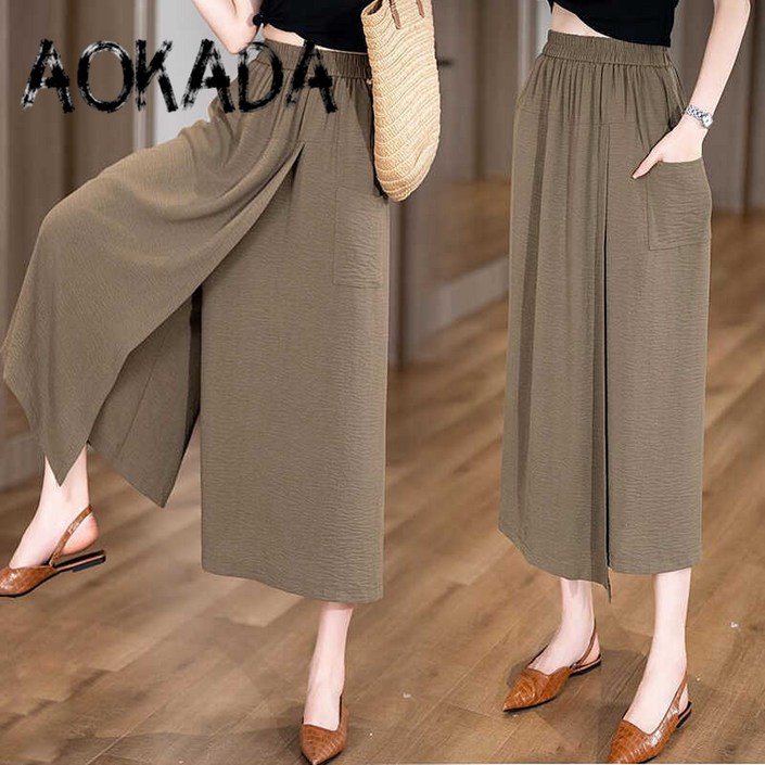 AOKADA 치마바지 플리츠 스트레이트핏 밴딩 슬랙스 와이드팬츠