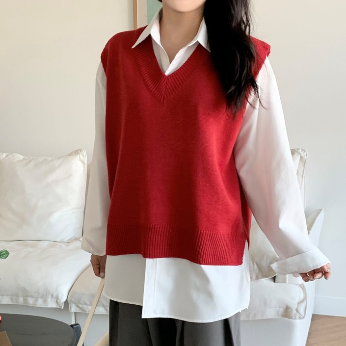 더한땀 여성 데일리 오버핏 브이넥 니트 조끼