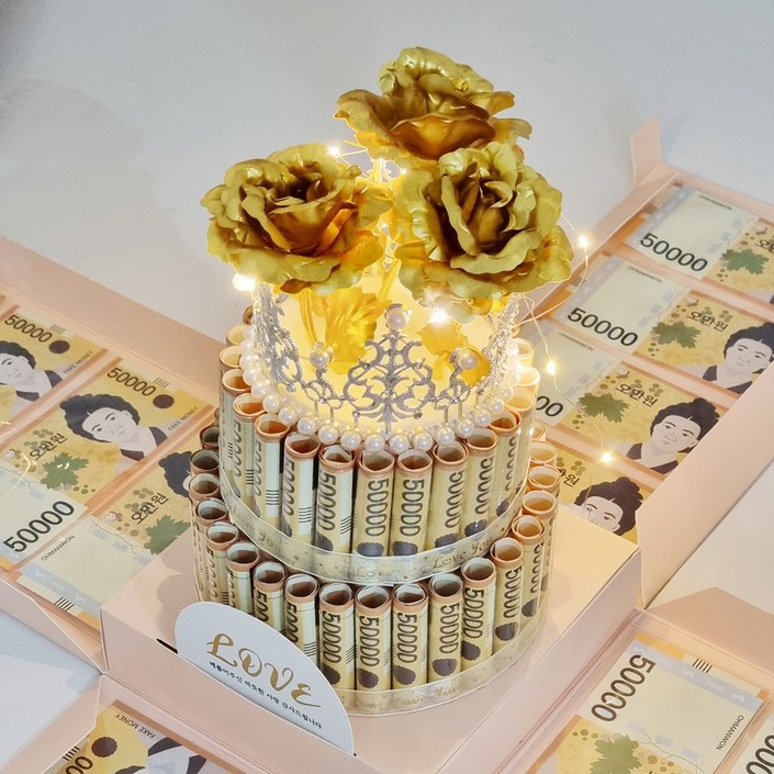 서프라이즈 용돈박스 생신 생일 용돈이벤트 페이크머니, LED, 돈봉투, 1개, 골드