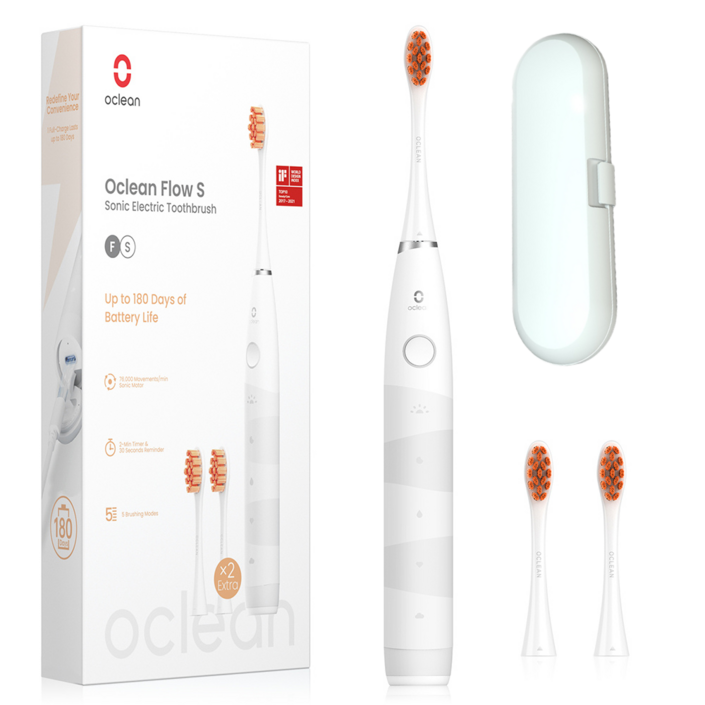 오클린 Oclean Flow 음파전동칫솔본체+칫솔모 3개 1년 2번만 충전 분당 76000회 IPX7방수, 화이트, 1개, 단일상품