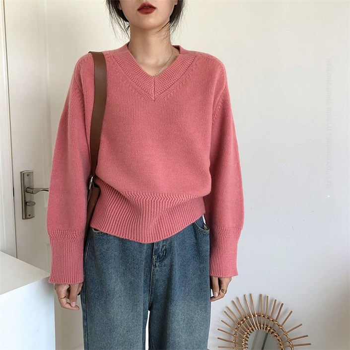 여성 레이스 브이넥 니트티루즈핏