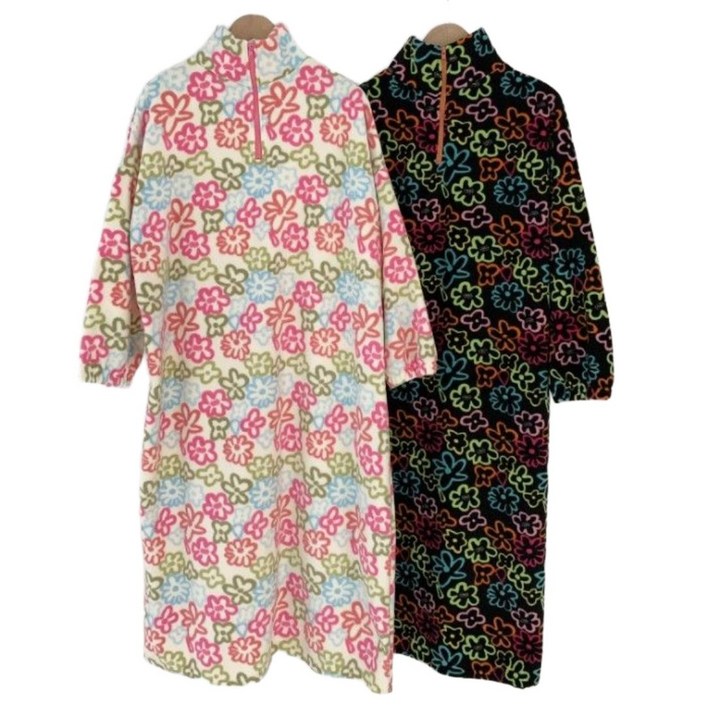 플랜메이 플라워 꽃 후리스 오버핏 롱원피스 캠핑 홈웨어 파자마 아노락 집업 국내생산