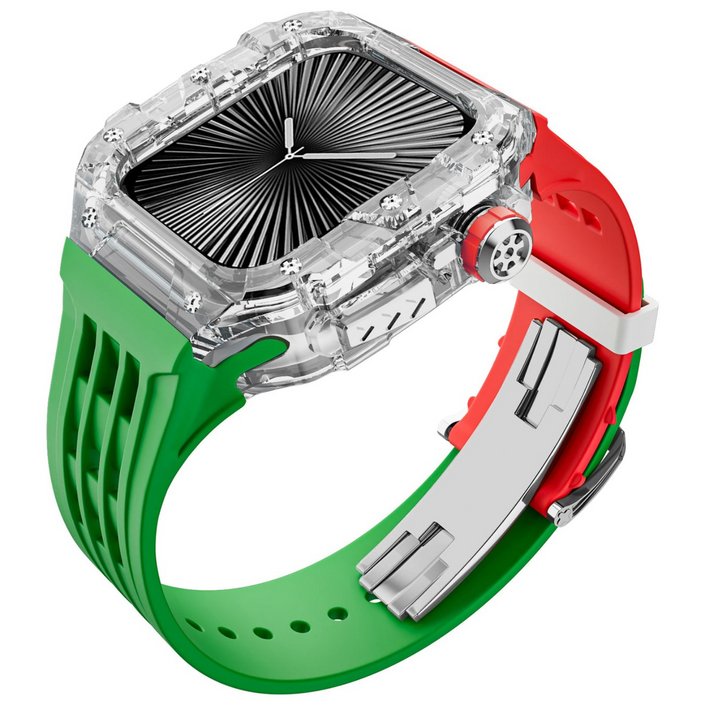 다비드 애플워치 11 10 호환 일체형 스트랩 46mm 케이스 밴드 줄질 애차드밀 풀커버, 09.투명케이스그린레드스트랩, 1개