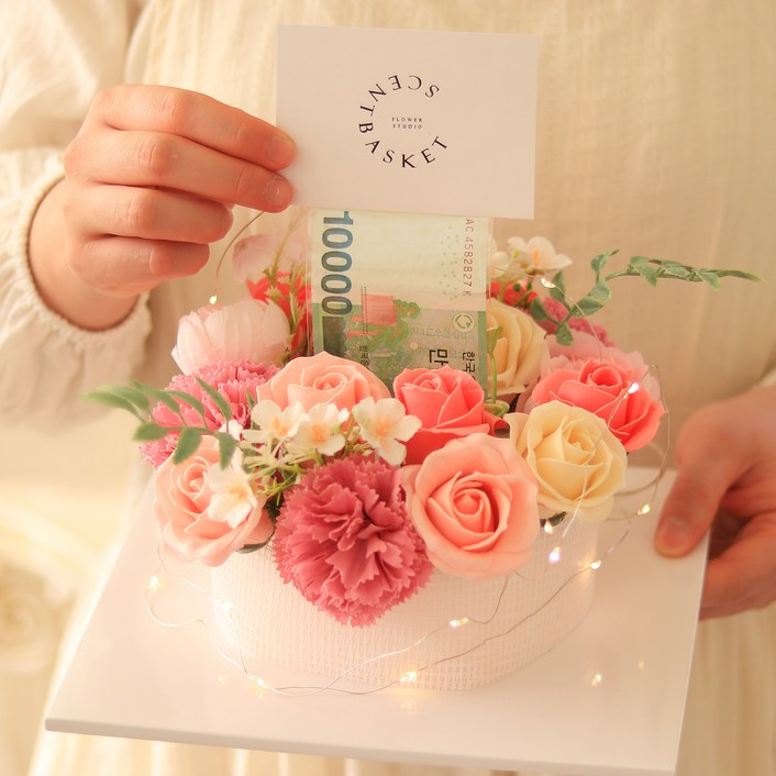 센트바스켓 비누꽃 가든플라워 반전 용돈케이크, 핑크, 1세트