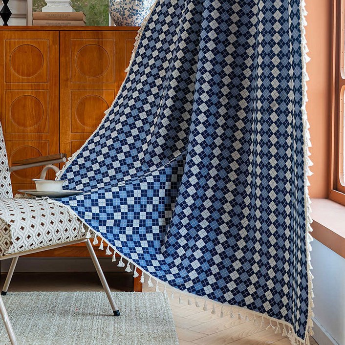 지앤와이 아가일체크 패턴 태슬 가리개 커튼 아일렛형