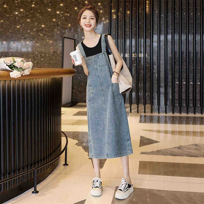 여성용 데일리 청원피스 루즈핏 민소매 미디 데님 멜빵 원피스