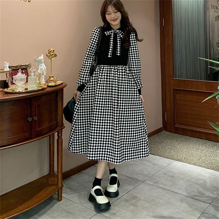 besteffie 여성원피스 봄 가을 라운드넥 루즈핏 아가일체크 반티지 체크무늬 A라인 빅사이즈 롱원피스 C15