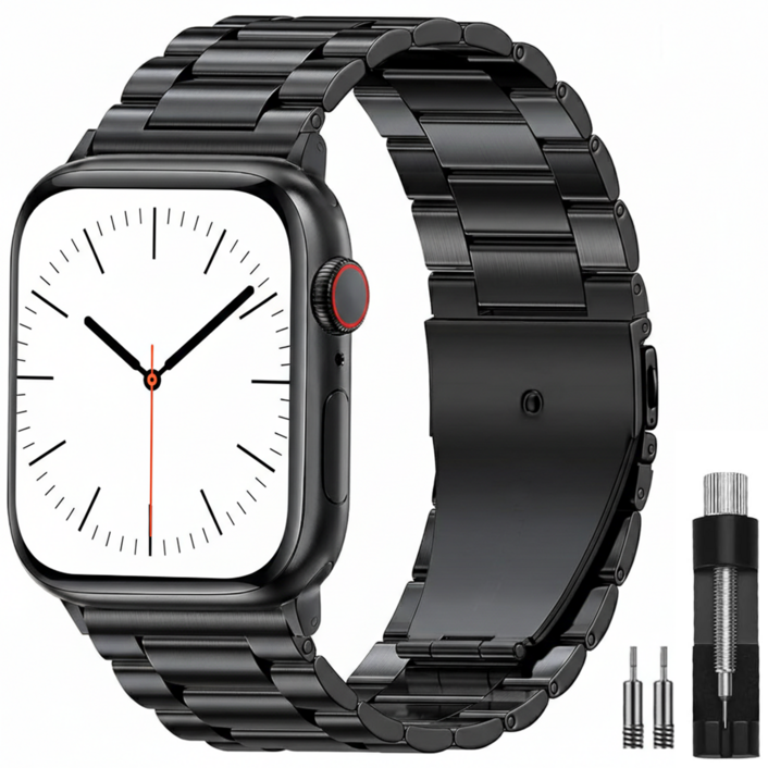 OULUOQI 애플워치 갤럭시워치 호환 메탈 밴드 스트랩 3연 스테인리스 쥬빌레 교체 스트랩  탄성 메탈 밴드, 1개, 블랙