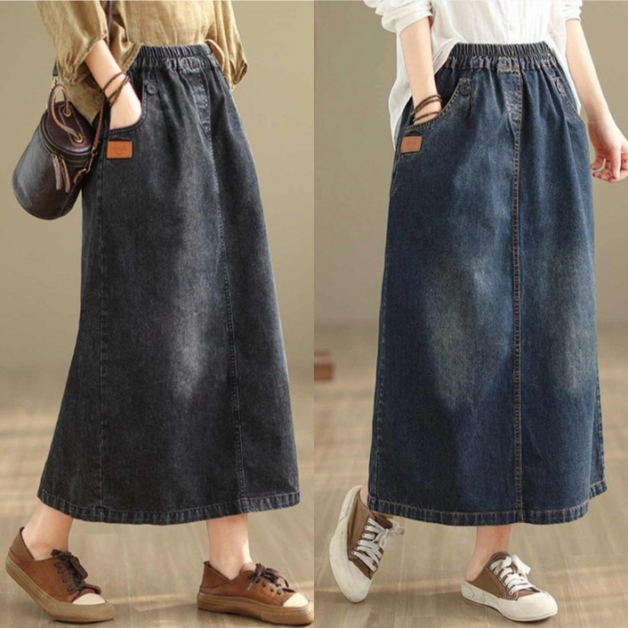 (신상 추천)빅사이즈 여성 데님 빈티지 트임 날씬해보이는 스커트  봄 가을 편한 하이웨이스트 워싱 밴딩 포켓 롱 a라인 패션 데일리룩 솔리드 베이직 외출용 블루 블랙 캐쥬얼 스커트