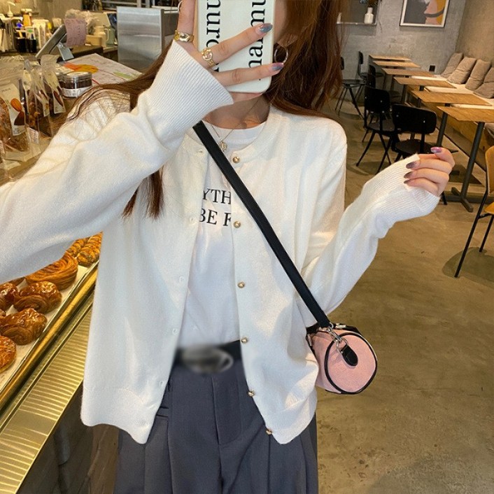 AOKADA 여성 봄 가을 라운드 루즈핏 베이직 긴팔 니트 가디건