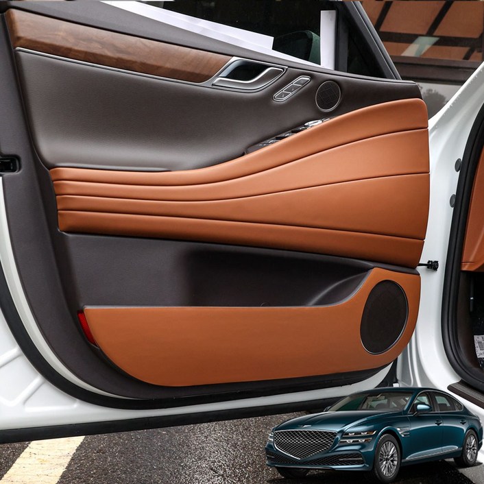 영카클럽 더올뉴 G80 호환 가죽 도어커버 스크래치 방지 기스 보호 킥패드 용품, 브라운