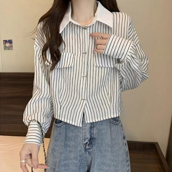 드마엘 여성 루디 카라 스트라이프 크롭 셔츠3color델로나