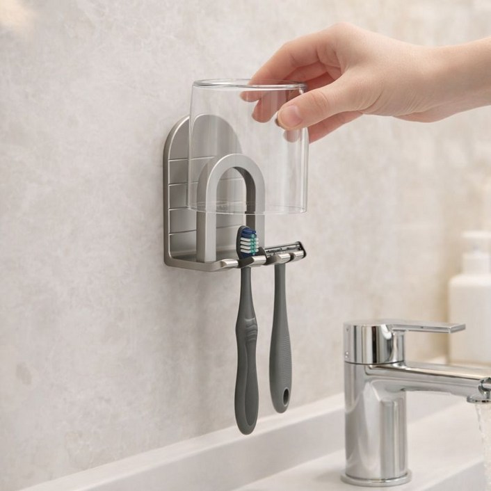 주앙이 공간절약 위생보관 무타공 칫솔걸이, 그레이
