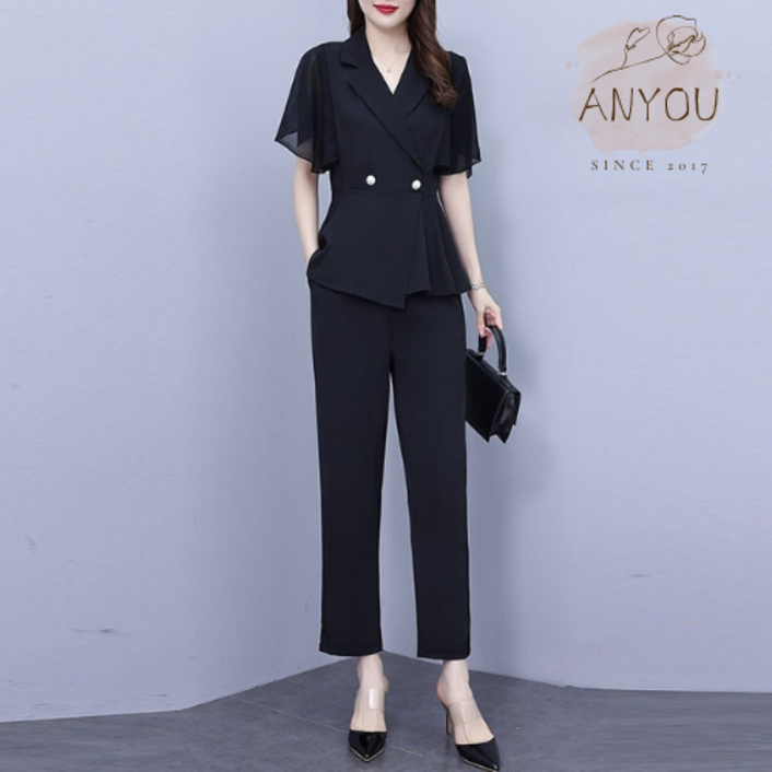 ANYOU 여성 여름 빅사이즈 정장 키작녀 직장인 양복 반팔 긴바지 세트 ANYOU 여성 여름 빅사이즈 정장 키작녀 직장인 양복 반팔 긴바지 세트