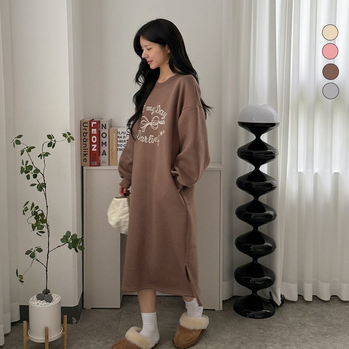 디테일웨어 여성 기모 달링 긴팔 롱원피스 빅사이즈 편한원피스 귀여운 리본 프린팅 젊줌마 임산부 임부복 겨울 홈웨어 꾸안꾸룩