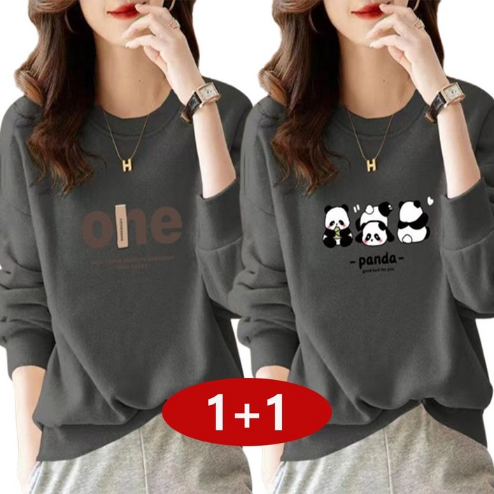 11 여성 봄가을 라운드 맨투맨 오버핏 면질 무지 프린트 여성티셔츠