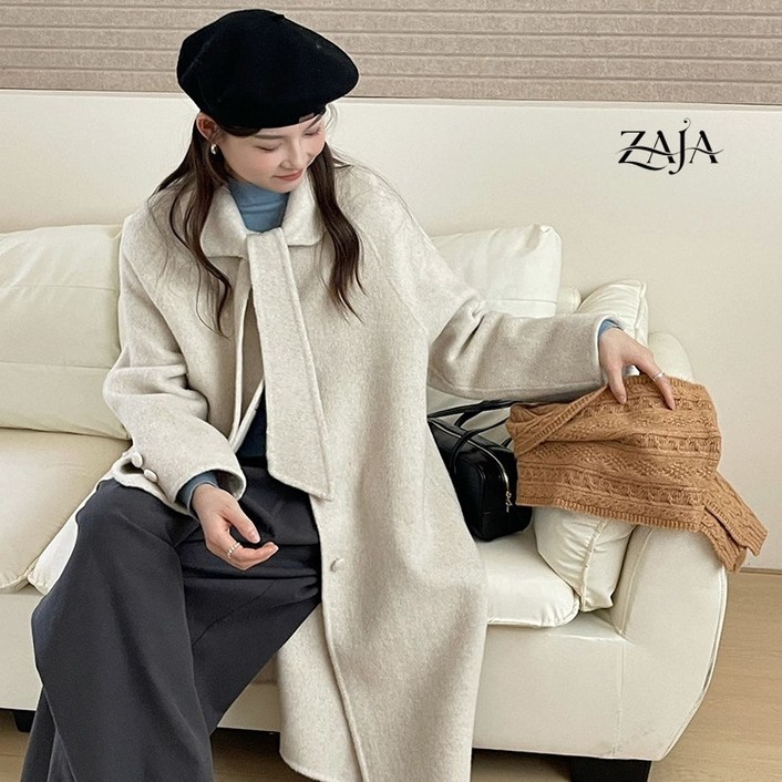 ZAJA 여성 울 코트 디자인 패션 루즈핏 롱 트렌치코트
