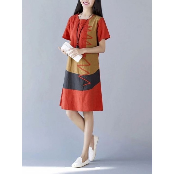 여성 새로운 여름 면과 린넨 반팔 o넥 a 라인 캐주얼 느슨한 원피스 241