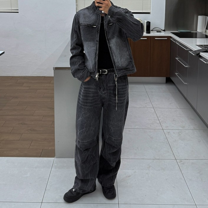 남자 크롭 자켓 바이커 흑청 자켓 남자 데님 셋업