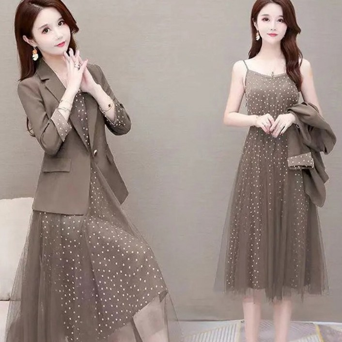 빅사이즈 여성 정장 자켓  나시 플라워 미디 롱 원피스 세트 봄 가을 여름 간절기 투피스 JUSTFEELING