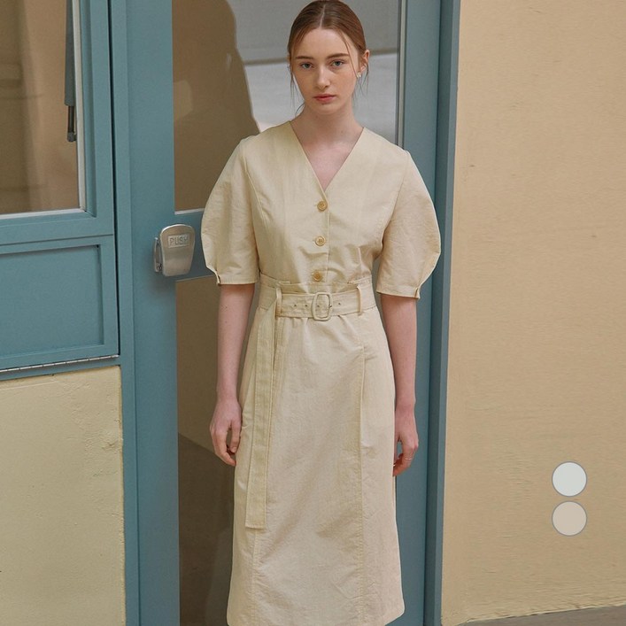 온앤온 여성용 브이넥 볼륨 소매 원피스 NEW3MO321