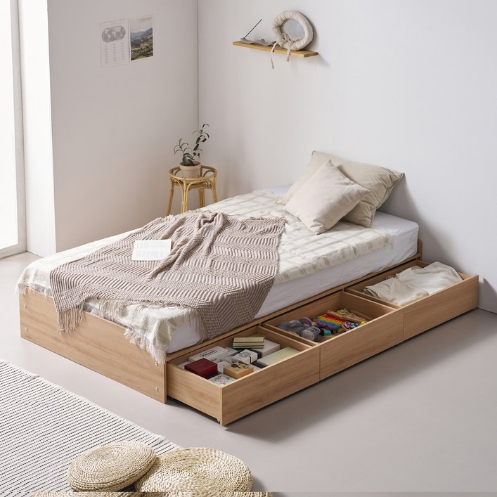 수오 국내생산 하루 무헤드 1단 3서랍 수납 침대 프레임  스타트슬립 달달 본넬 매트리스 세트 방문설치, 오크