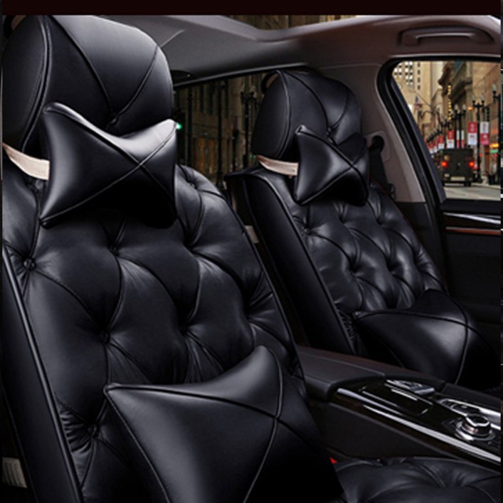 리무진 타입 차량용 전좌석 가죽 시트 커버 쿠션 세트, 블랙, 1세트