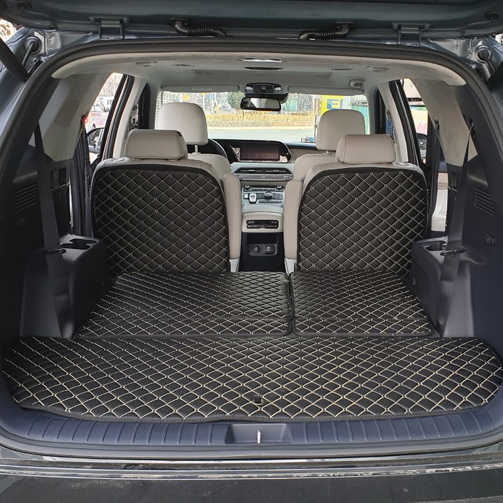 아이빌 신형퀼팅 4D 자동차 자동폴딩 트렁크매트 + 2열 등받이 풀세트, 팰리세이드 7인승, 블랙 + 골드스티치 - 쇼핑앤샵