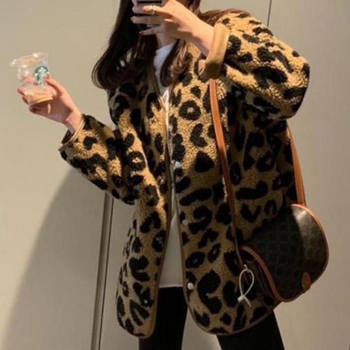 패션플로우 여성용 겨울 따뜻한 호피 후리스 플리스 아우터