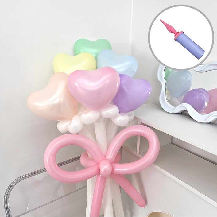 파티아일랜드 하트 풍선 마카롱 믹스 꽃다발 DIY  손펌프 세트, 혼합색상, 1세트