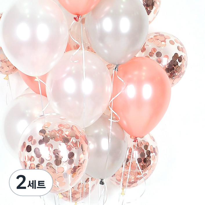 천장 풍선 20p 컬링리본 스펀지닷 세트, 풍선컨페티은박로즈골드, 펄실버, 펄화이트, 펄로즈골드, 리본화이트, 2세트