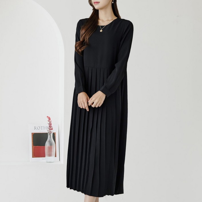 헤링본 긴팔 레이어드 플리츠 롱원피스 HE088