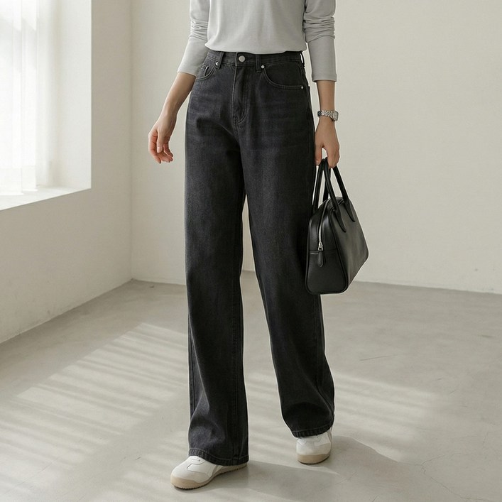 앤드스타일 여성용 롱숏 기장 딱맞진 54탄 통기성 에어리 데님 와이드 팬츠 265152