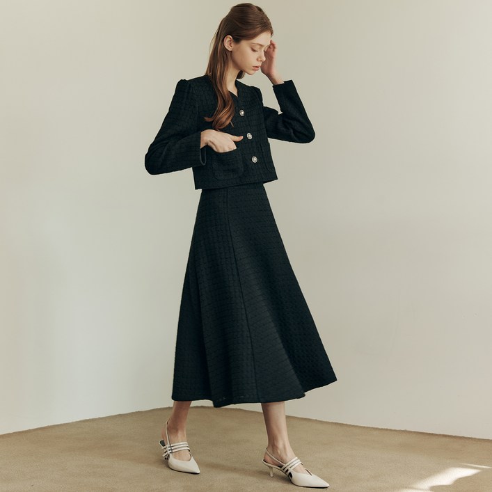 제로스트릿 브이넥 트위드 자켓  스커트 세트