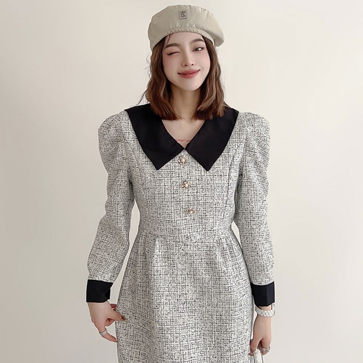 더시럽 여성용 트위드 펄 버튼 머메이드 원피스