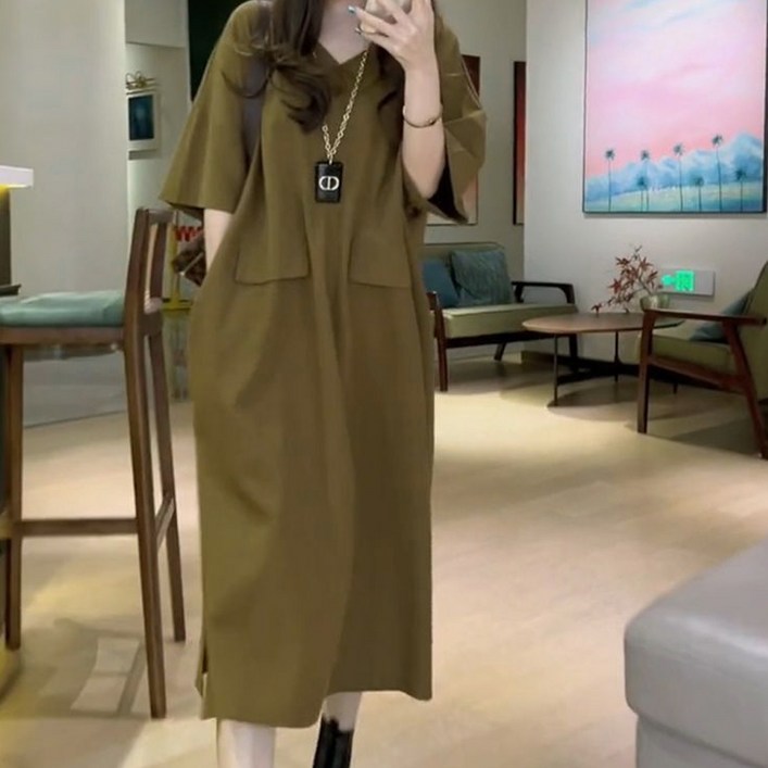 엘쏘 여름 데일리룩 체형커버 루즈핏 반팔 롱원피스