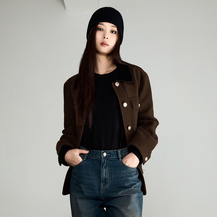 미쏘 여성용 배색 카라 숏 코트