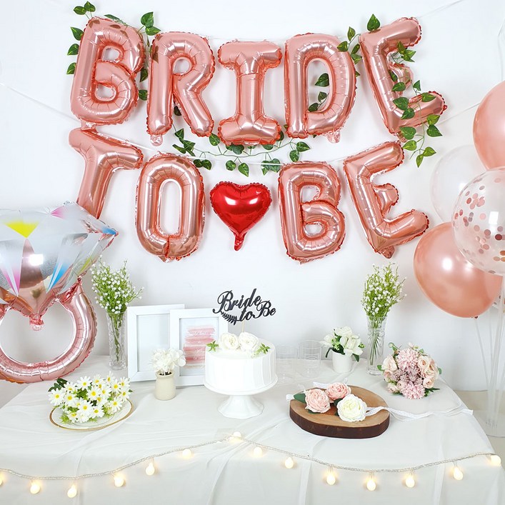 브라이덜샤워 3인 파티 풀패키지 세트(이니셜풍선+컨페티풍선+하트풍선+반지풍선+꽃팔찌+케이크토퍼+면사포+풍선스탠드)