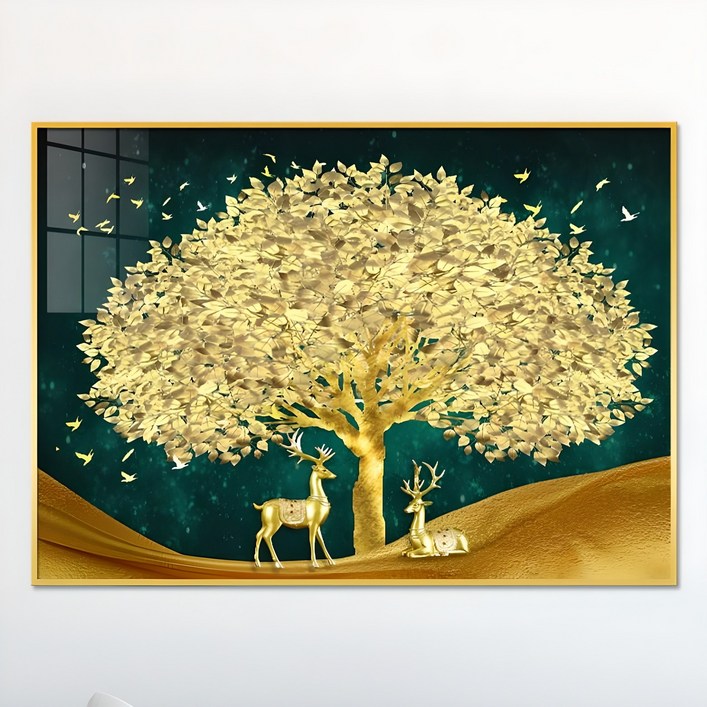 아트블루 풍수에 좋은 그림 황금 나무 금나무 사슴 인테리어 액자, 1번 황금 나무 커플 사슴 가로청배경