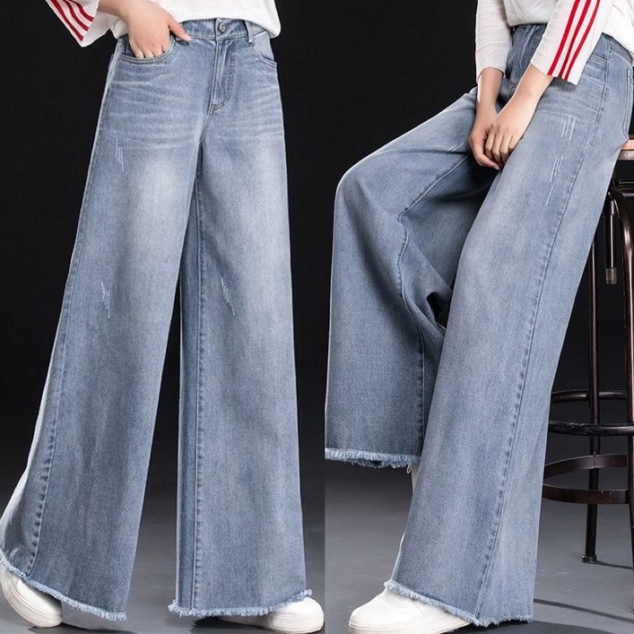 (다리 길어보이는) 빅사이즈 여성 하이웨이스트 통바지 통 데님팬츠 바지 여름 편한 롱 워싱 포켓 빈티지 오버핏 예쁜 데일리 하의 패션 얇은 와이드 블루 일자 연청바지 청바지