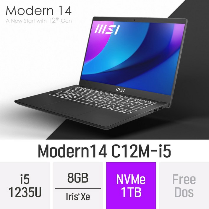 MSI 모던시리즈 모던14 C12M-i5 - 14인치 인텔 i5 휴대용 인강용 문서작업 온라인수업 재택근무용 대학생 노트북, Free Dos, 8GB, 1TB