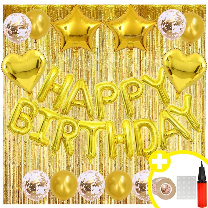 블링블링 파티 하트 스타 HBD 생일축하 은박풍선 파티용품세트 인생샷 포토존 연출템 10옵션 에브리띵스마일 1219, 1세트, 골드 풍선 커튼