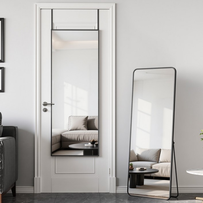 안토크 벽걸이 전신거울 스탠드 거치대 원룸 문걸이 거을 미용실용 3in 다기능 350*1200mm, 블랙-둥근