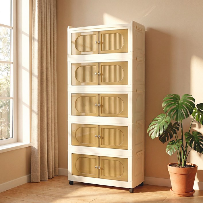 SHE-U 플라스틱 리빙박스 접이식 다용도 이동식 수납장 대용량 정리함 거실 부엌 침실 폴딩박스 3단 4단 5단 수납장, 투명, 5개