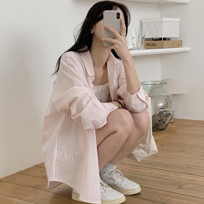 S2XL사이즈 데일리 여성 스트라이프 셔츠 긴팔 남방 카라셔츠 빅사이즈 루즈핏 오버핏 간절기