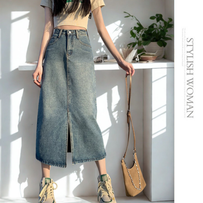 여성 롱 앞트임 A라인 슬림핏 청치마