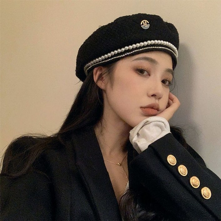 진주 체인 베레모 여 춘추동 블랙 샤오샹 화가 모자